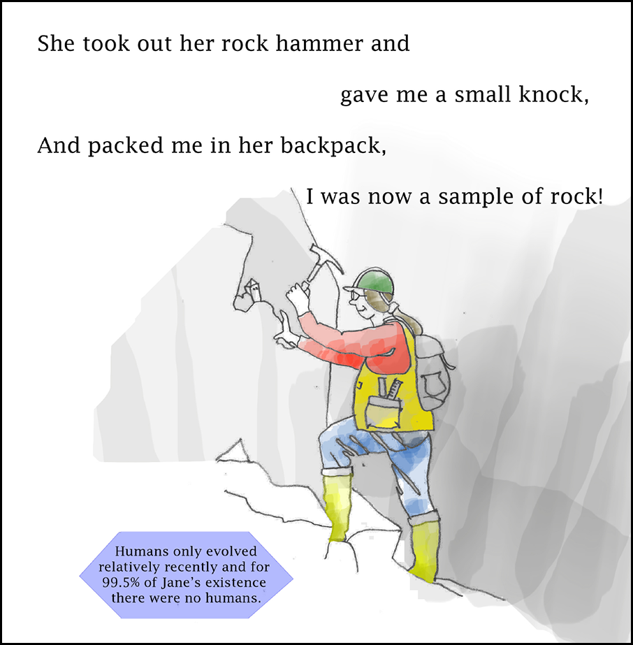 A smiling geologist with long brown hair tied in a ponytail under a green ball cap sports a bright yellow vest and boots, red shirt, and blue pants. She uses a rock hammer to collect a sample from a gray outcrop.
