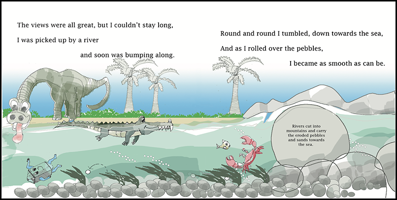 Crab, fish, and crocodile swim in a river, while a green dinosaur laps water at the river bank. Three palm trees and low mountains form the background.
