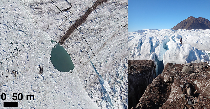Aerial view showing a meltwater discharge site along the front where a glacier meets the ocean (left); a scientist in the distance stands near a large crevasse atop a glacier (right)