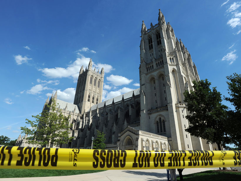 Police tape in front of the National Cathedral.