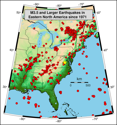 Map showing epicenters of earthquakes of magnitude 3.5 or greater recorded since 1971.