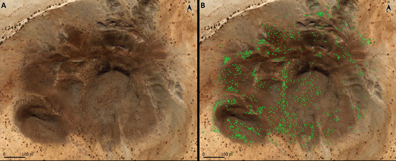 Satellite image of sites of qubbas in a rocky outcrop.