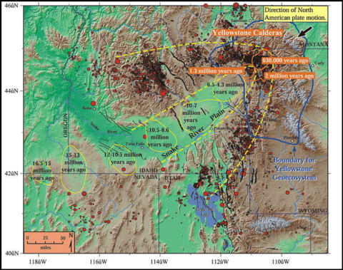A map showing a time-stamped series of calderas across southern Idaho into Wyoming. A map showing a time-stamped series of calderas across southern Idaho into Wyoming.