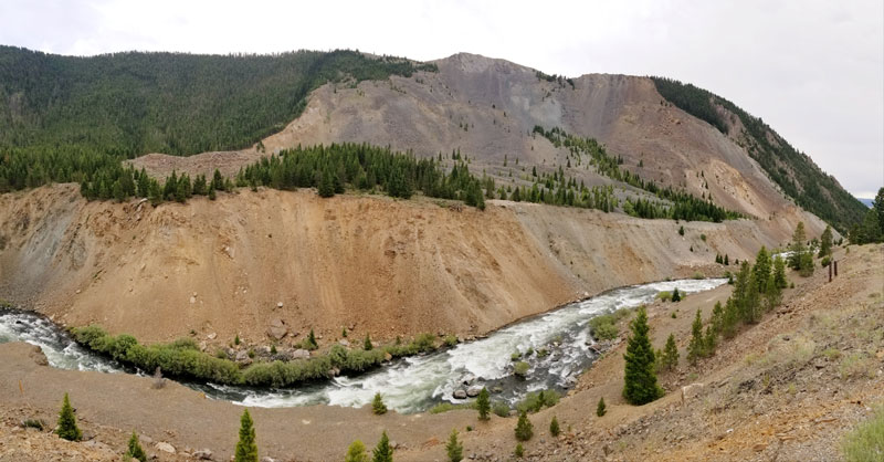A denuded hillside remains from the landslide triggered by the Madison River Canyon Earthquake in 1959. A denuded hillside remains from the landslide triggered by the Madison River Canyon Earthquake in 1959.