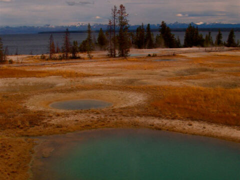 Turquoise thermal pools sit on the edge of Yellowstone Lake. Turquoise thermal pools sit on the edge of Yellowstone Lake.