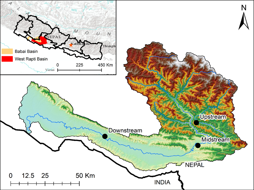 Map of the Babai river basin in Nepal showing location of water level and streamflow measuring stations.