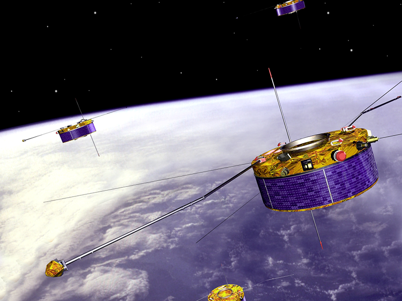 An artist’s conception of the Cluster satellites in orbit around Earth