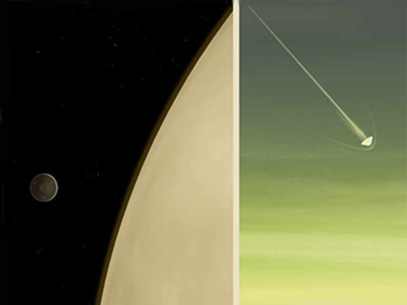 Four-image figure showing different sequences of the DAVINCI+ mission to Venus