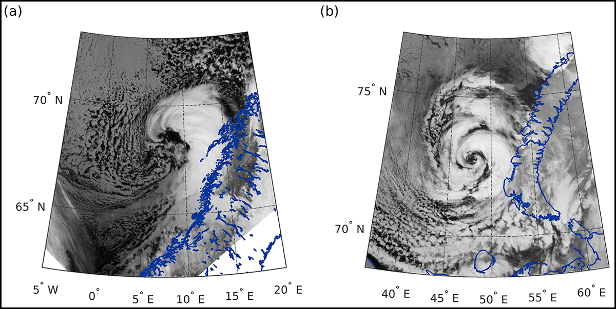 Side by side satellite images showing a comma-shaped polar low (left) and a spiraliform polar low (right)