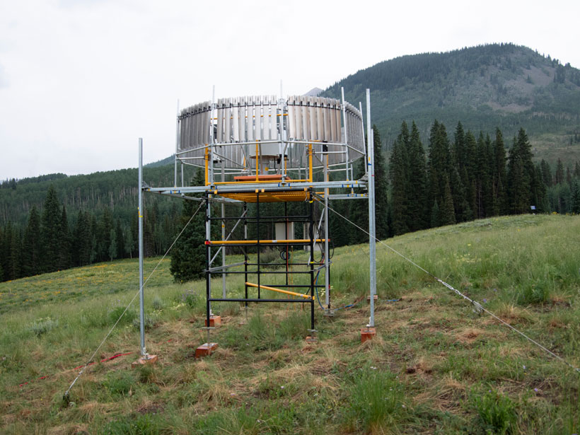 Platform holding instruments, including a rain gauge, in Gothic, Colo.