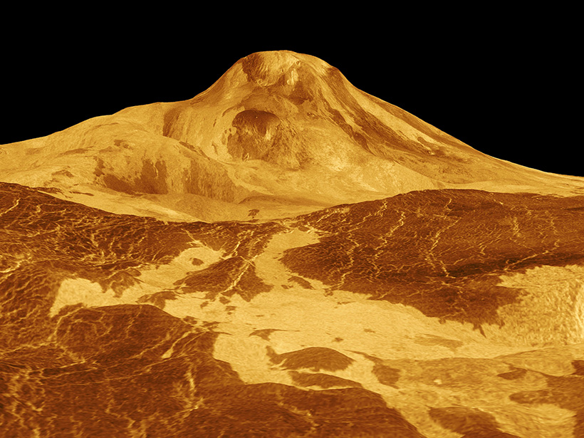 The 9-kilometer-tall volcano Maat Mons, shown here with an exaggerated vertical scale, may be relatively young.
