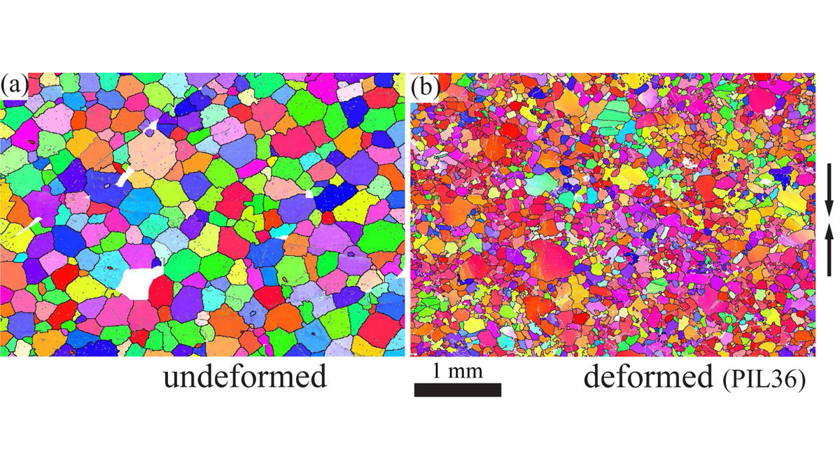 Scanning electron microscope images of an underformed and a deformed ice sample that clearly show differences in grain sizes.