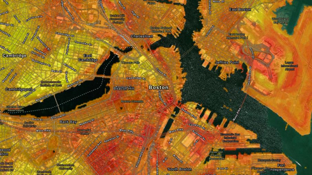 A map showing heat distribution in and around Boston with yellow representing cooler areas and darker shades of orange representing hotter areas