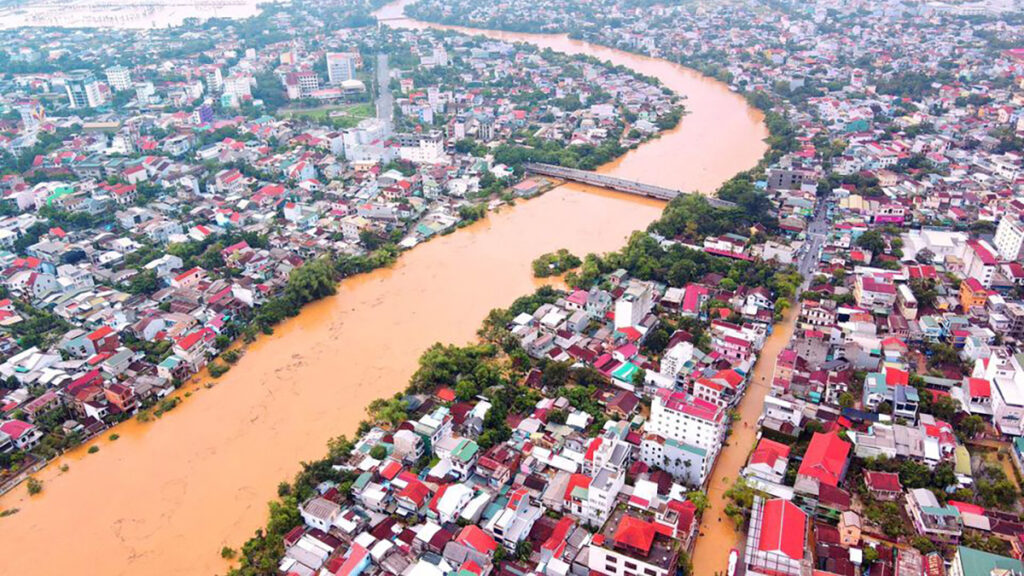 Overhead shot of a flooded river in the center of Hue, Vietnam
