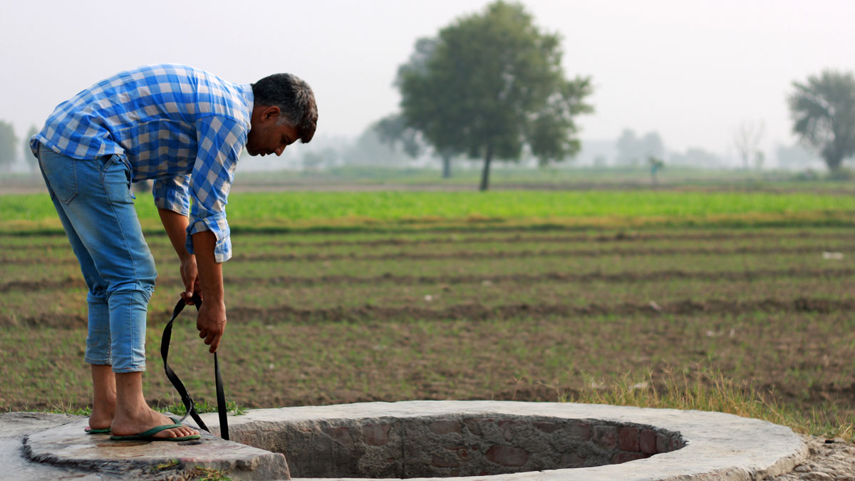 A young man pulls water from a well in an agricultural area in India.