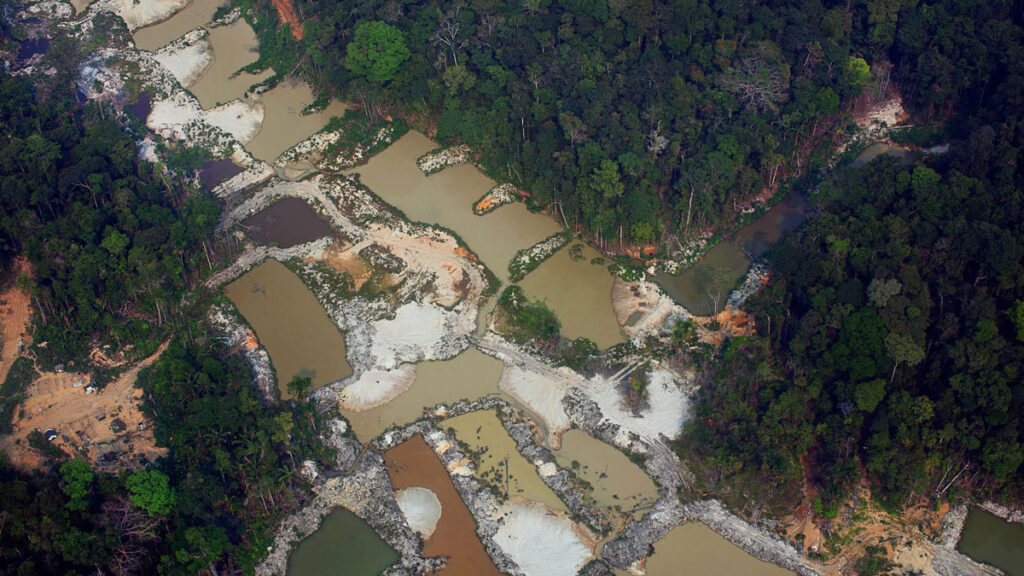 Aerial image of an illegal mining site inside Munduruku Indigenous territory in the state of Pará in Brazil