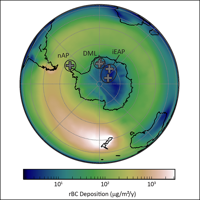 A circular map of the world centered on Antarctica showing a brown plume of smoke centered on New Zealand blowing around the Southern Ocean to the tip of South America and the Antarctic Peninsula.