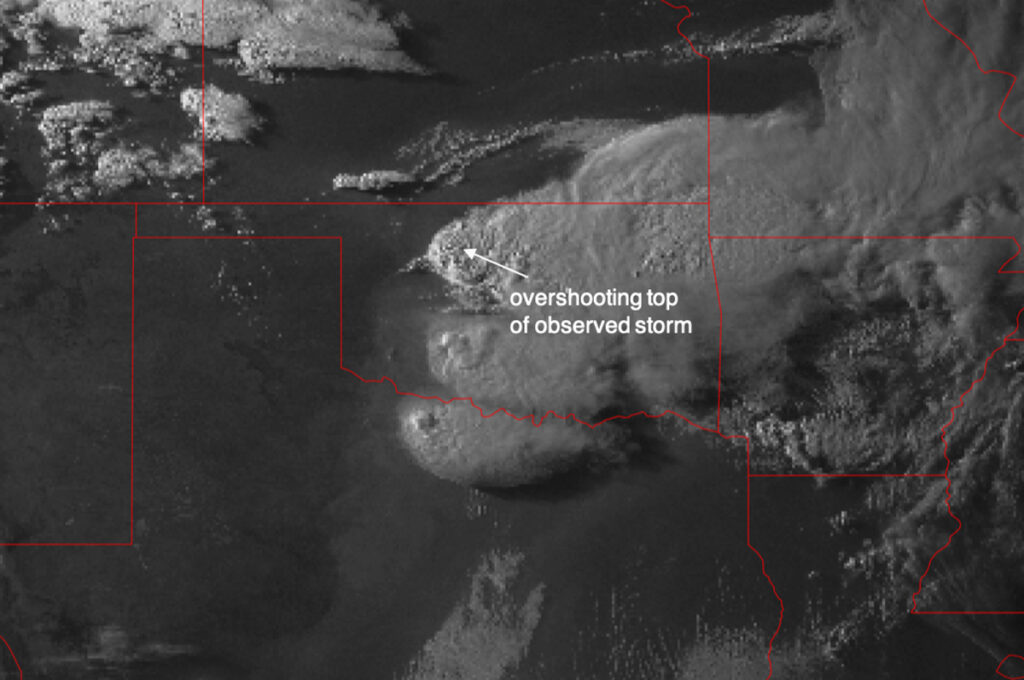 Satellite image of supercell thunderstorm over Oklahoma in May 2011