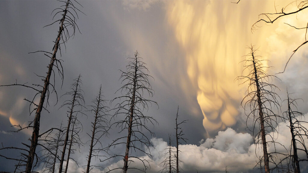 Mammatus clouds form as two storm systems come together over the Colorado Rocky Mountains.
