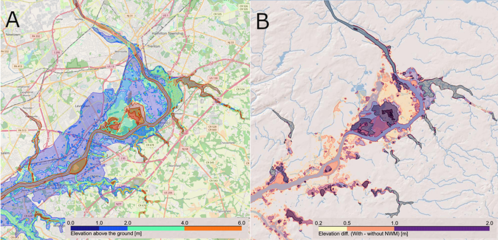 Figures illustrating results from a compound flood model for a simulation predicting the impacts of Hurricane Irene in 2011 in the Delaware Bay region