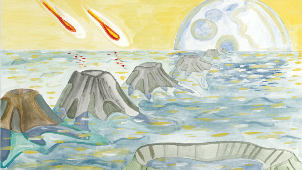 Painting depicting the surface of Earth during the Hadean eon, with a liquid water ocean, volcanoes, and meteors streaking through the sky