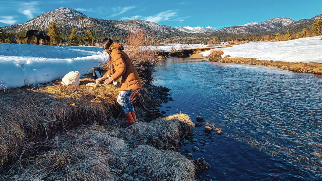 Helen Fillmore conducts water quality monitoring in Hope Valley, Calif., in February 2020.