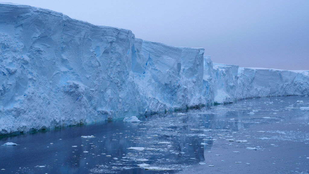 An ice cliff at the edge of a glacier sits in the water.