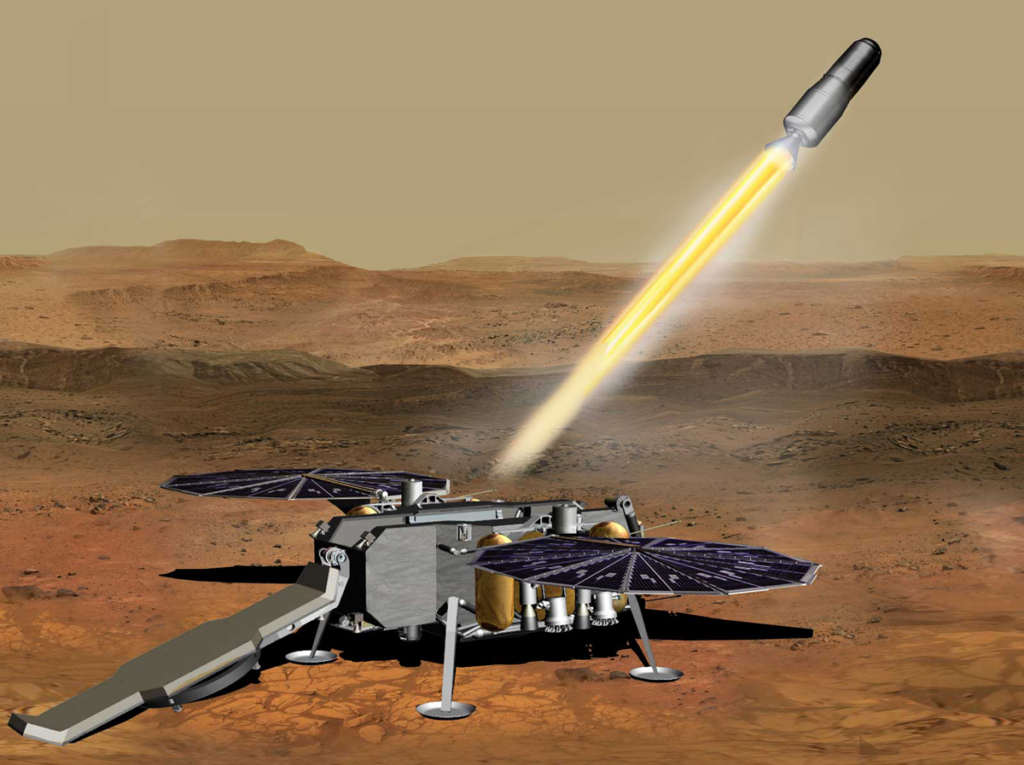 A small rocket blasts off from a platform on Mars.