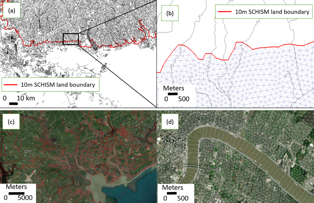 Figures illustrating the National Water Model stream network superimposed on a model mesh in various regions
