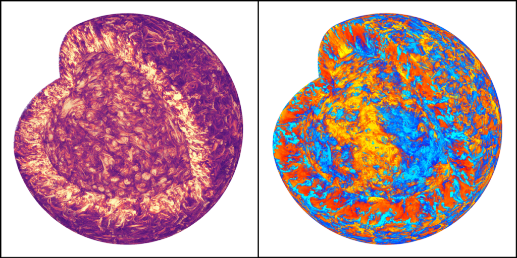 3D simulation of solar entropy and magnetics.