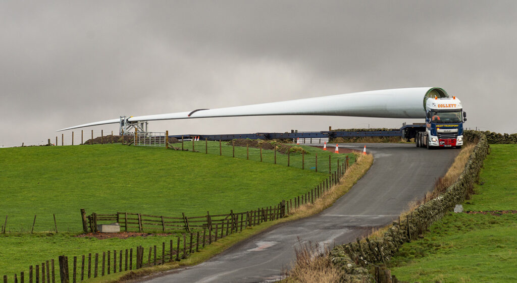 Transportation of wind turbine blades to Muirhall Windfarm in South Lanarkshire, U.K.