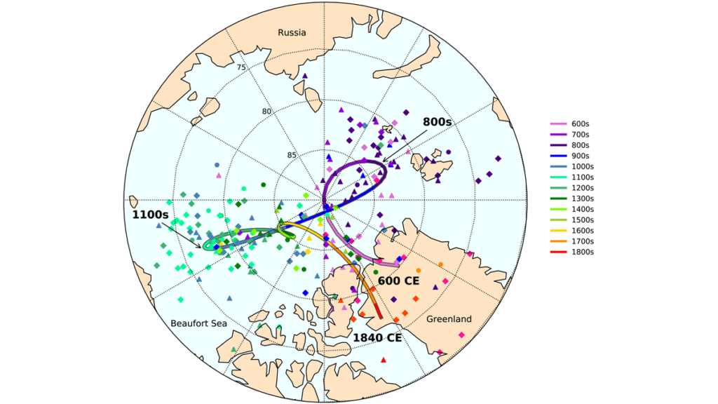Map centered on the North Pole plotting archived data from multiple sources.