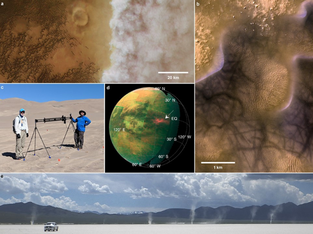 Collage showing aeolian dust and sand from different bodies in the solar system