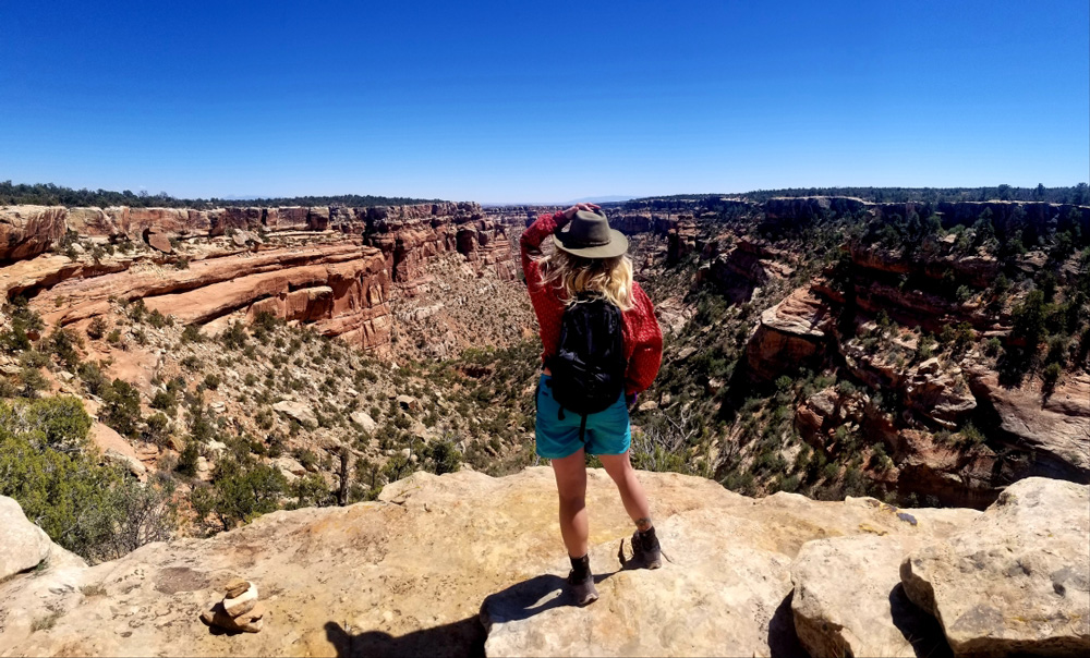 A woman overlooks a huge sandstone canyon.