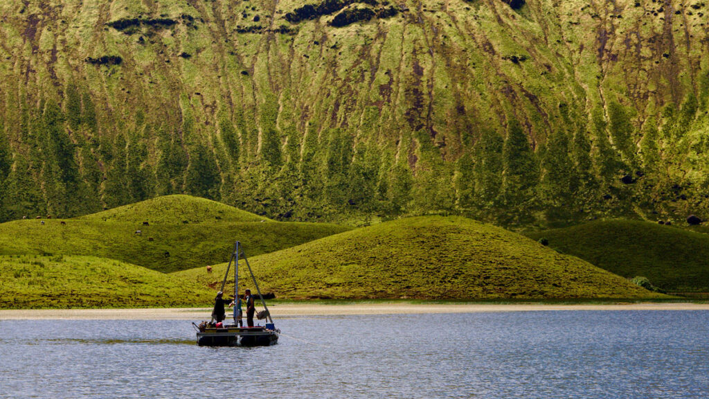 Photo of a scientific raft used to extract sediment cores from Caldeirao Lake on Corvo Island, Azores.