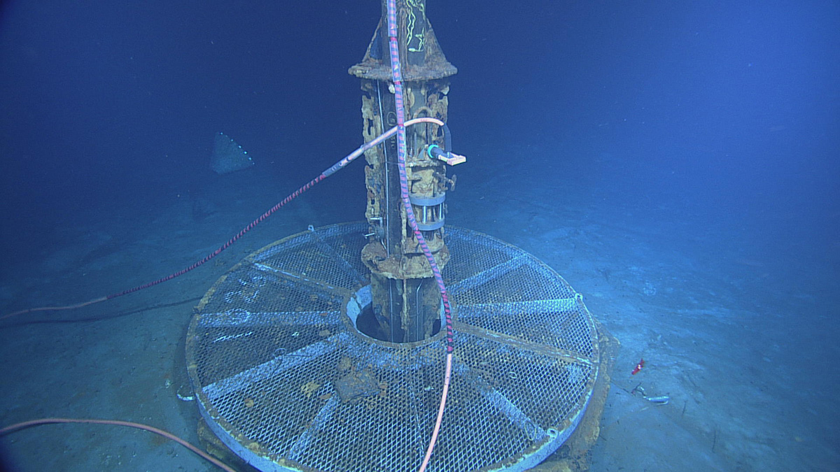 The Circulation Obviation Retrofit Kit (CORK) borehole monitoring observatory, pictured here, connected to the Ocean Networks Canada cable system.