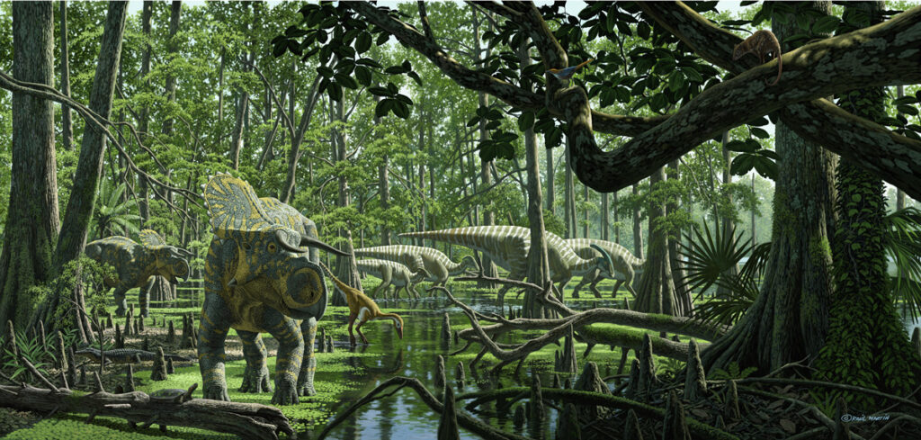 Three species of dinosaurs stand in a swamp, surrounded by greenery.