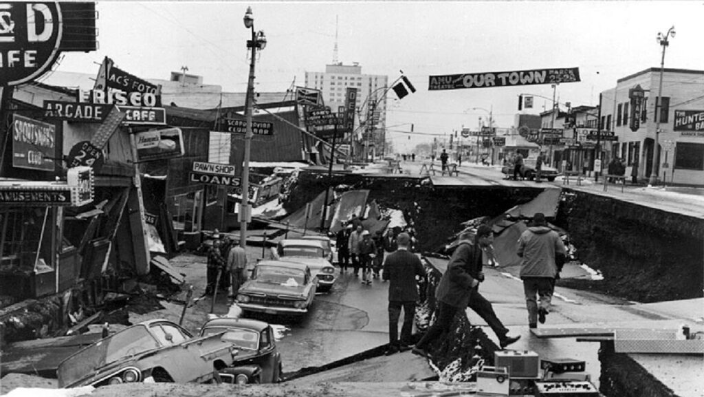 An image of the aftermath of the magnitude 9.2 Great Alaska earthquake in 1964