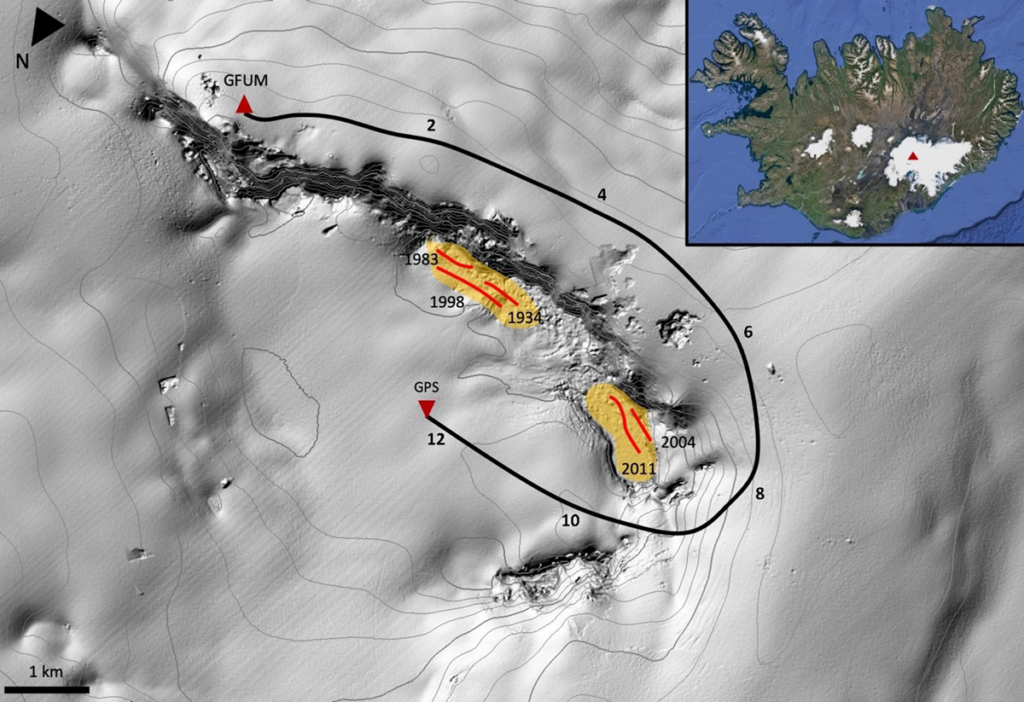 Map showing where a fiber-optic cable was deployed atop Grímsvötn volcano