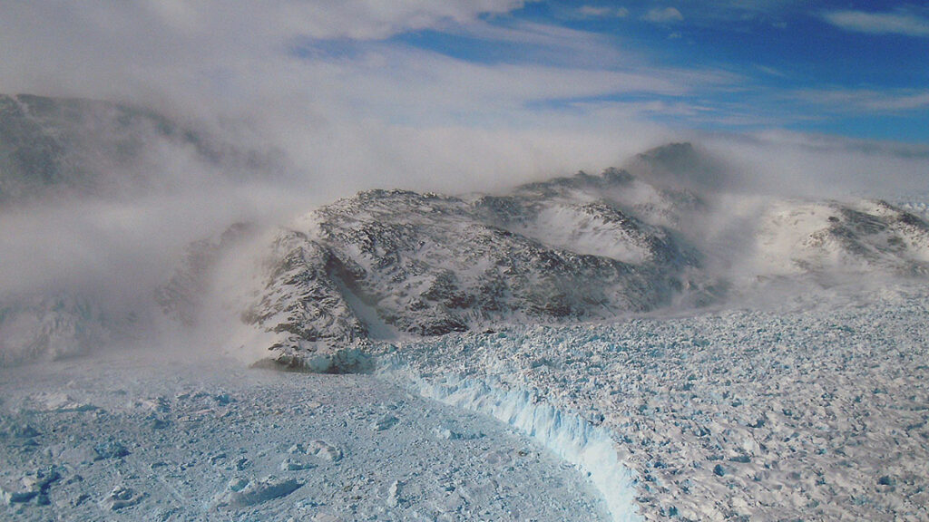 Gyldenlove Glacier discharges into a fjord in southern Greenland.