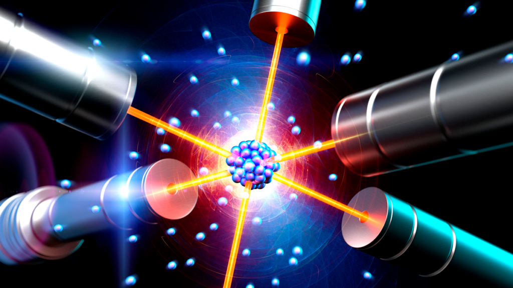 Illustration of an atom being held in place by six lasers.