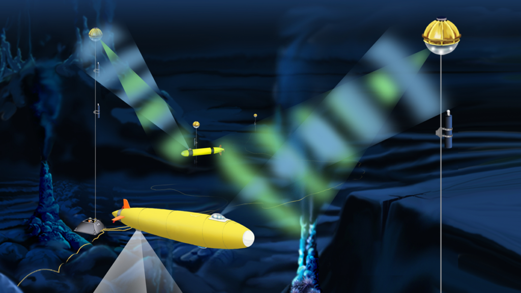 Illustration of autonomous underwater vehicles communicating data about a seafloor hydrothermal vent site.