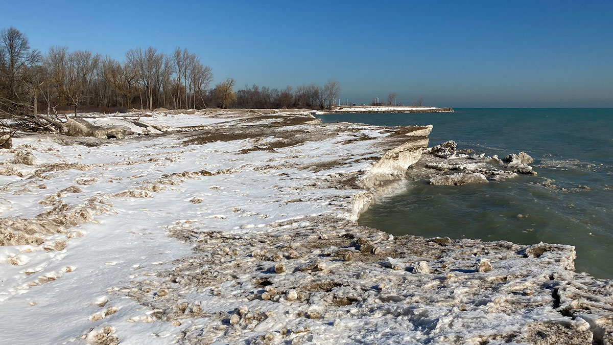 Ice breakup along the southwestern shores of Illinois Beach State Park on Lake Michigan