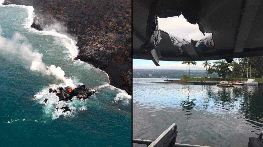 Left image shows the rocky coast of Kīlauea, and right image shows a punctured steel boat roof.