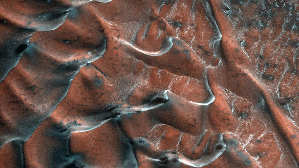 Satellite view of frosty sand dunes on Mars