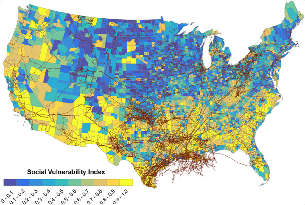 A map of the United States is delineated by county and colored to represent the county’s level of social vulnerability on a blue-green-yellow color scale, which is at the bottom left of the image. Much of the southern and western United States has high vulnerability, and much of the northeastern, midwestern, and western United States has lower vulnerability. Brown lines crisscross the map, with high concentrations around the Gulf of Mexico, south central states, and Appalachian states.