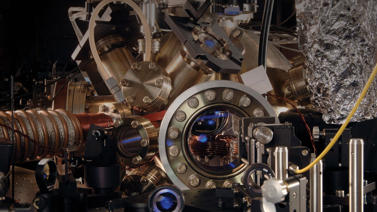 The ultrahigh-vacuum chamber of an optical clock operated by the National Metrology Institute of Germany. Inside the chamber, strontium atoms are cooled by a laser.