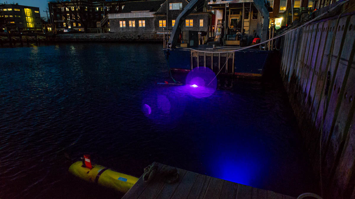 A bright blue light is seen just under the water’s surface off the back of a docked boat.