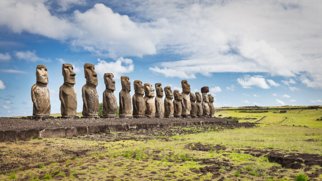 A line of giant stone moai from Rapa Nui (Easter Island).
