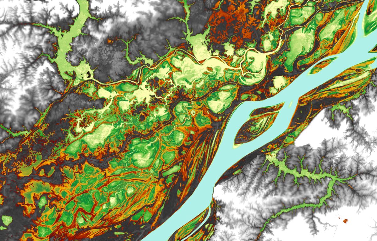 Satellite topography map of central Amazon floodplain.